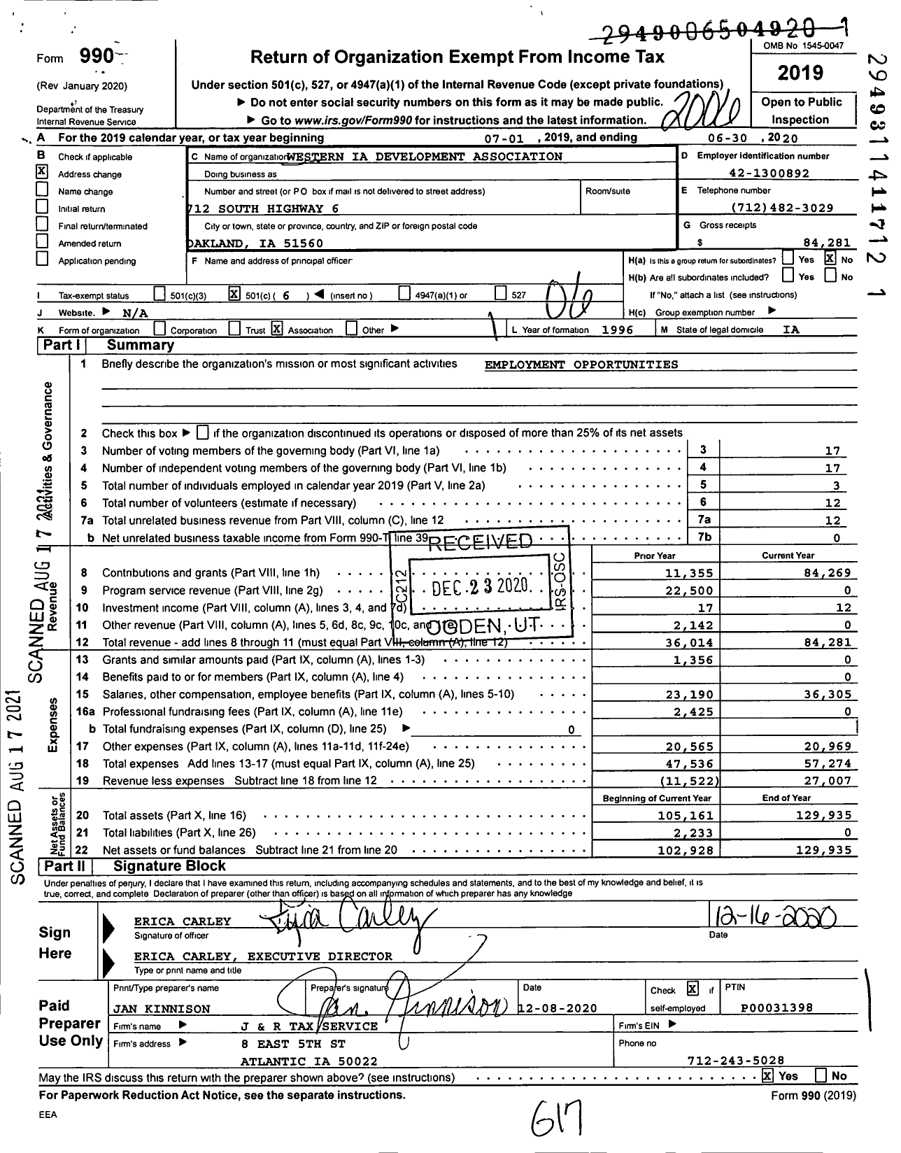 Image of first page of 2019 Form 990O for Western Iowa Development Association