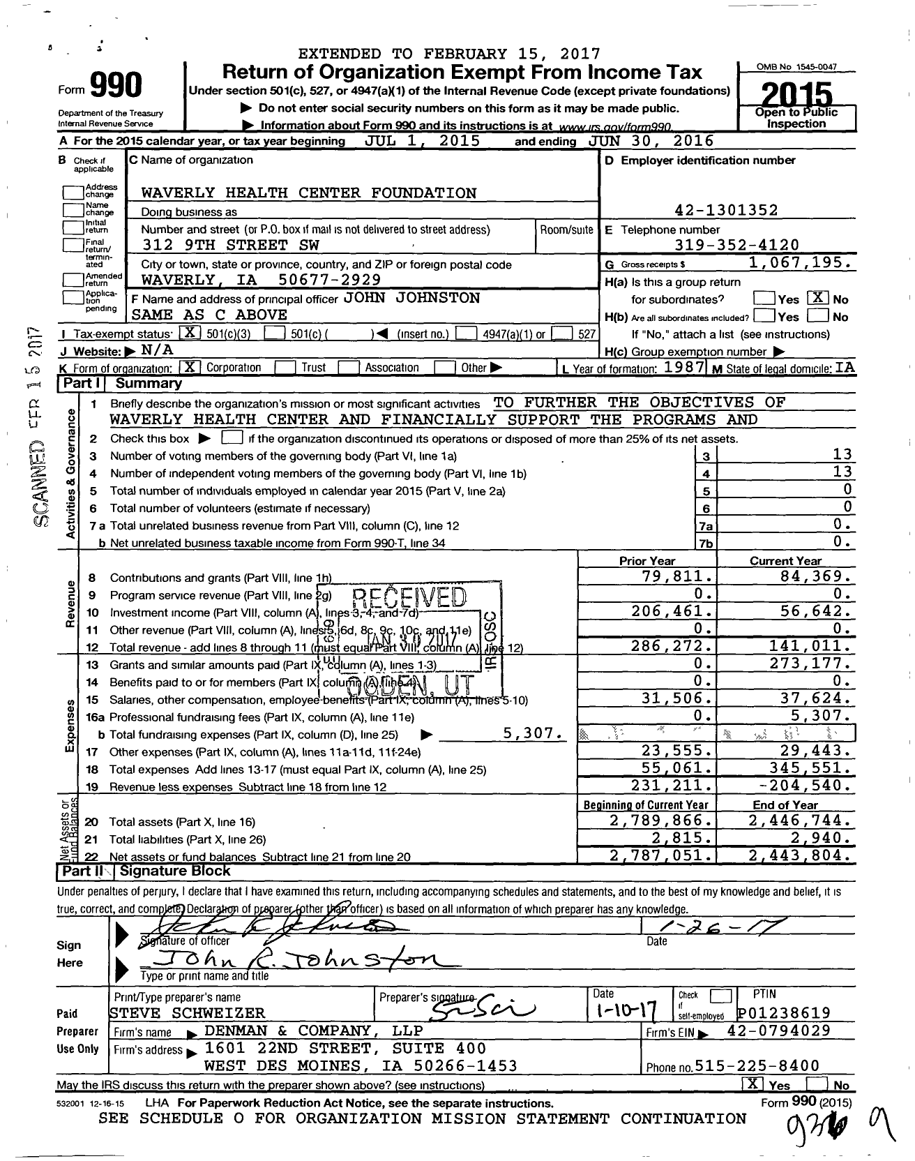 Image of first page of 2015 Form 990 for Waverly Health Center Foundation