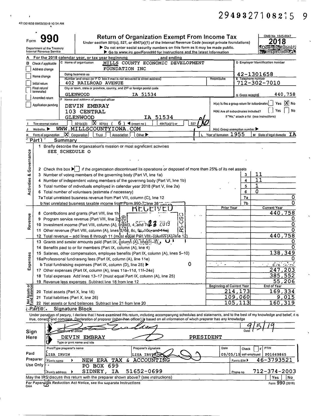 Image of first page of 2018 Form 990O for Mills County Economic Development Foundation
