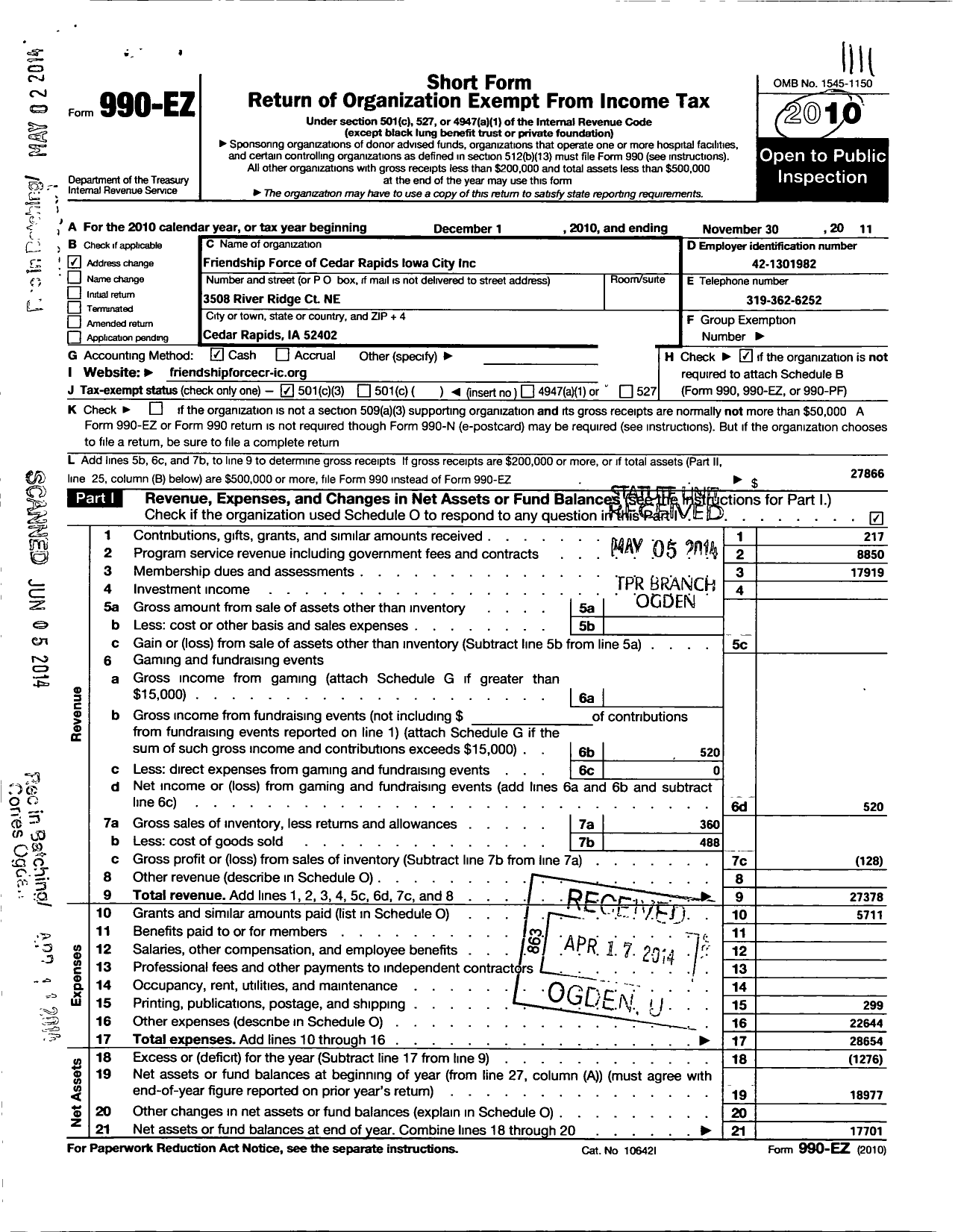 Image of first page of 2010 Form 990EZ for Frienship Force of Cedar Rapids Iowa City