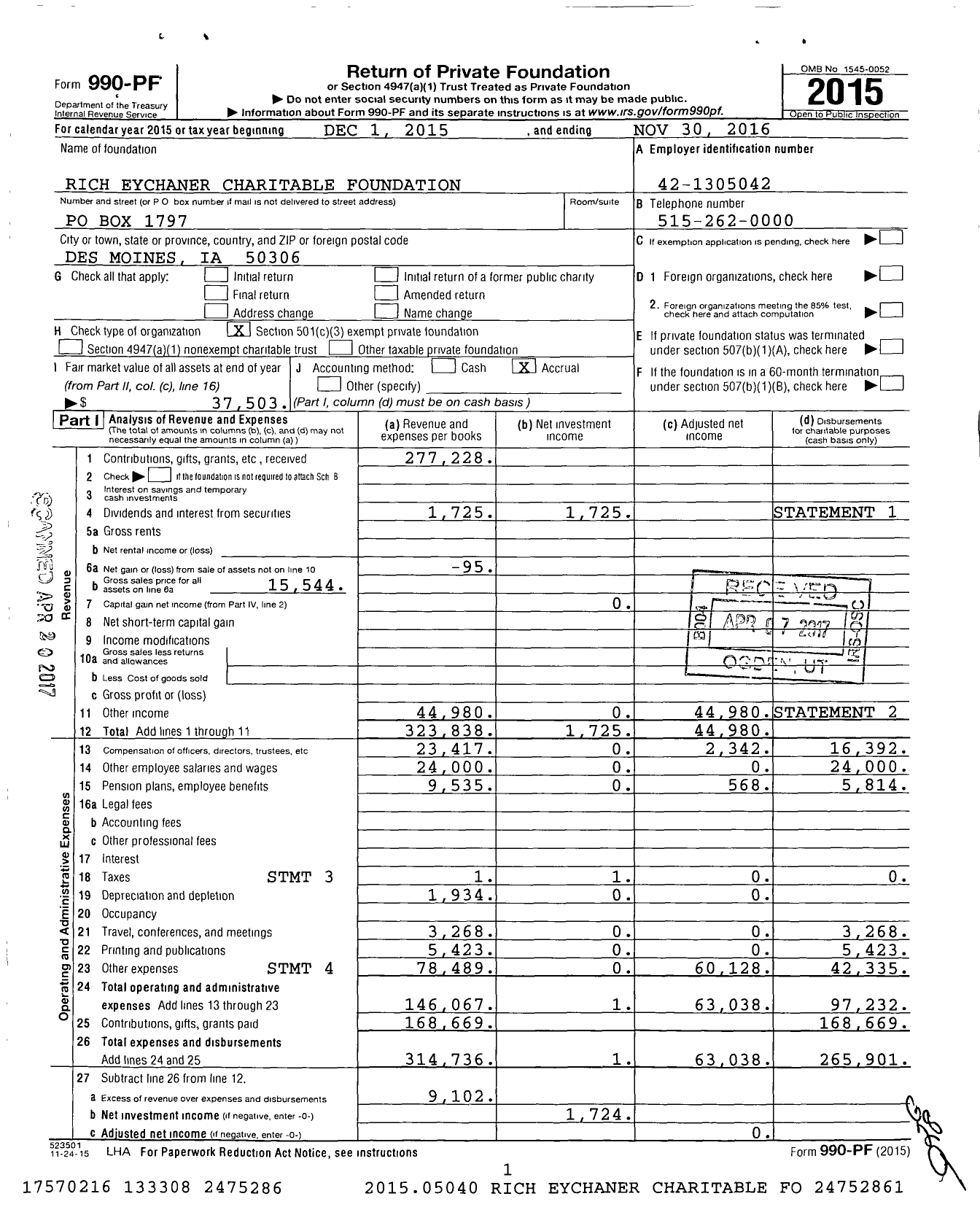 Image of first page of 2015 Form 990PF for Rich Eychaner Charitable Foundation