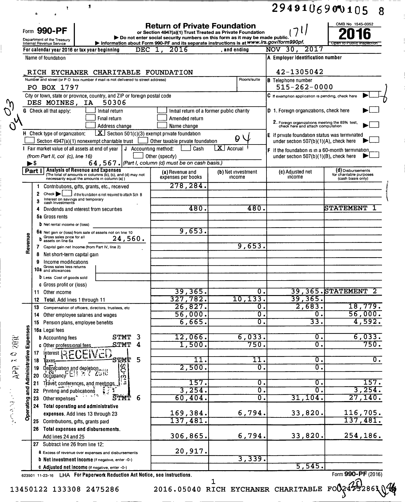 Image of first page of 2016 Form 990PF for Rich Eychaner Charitable Foundation