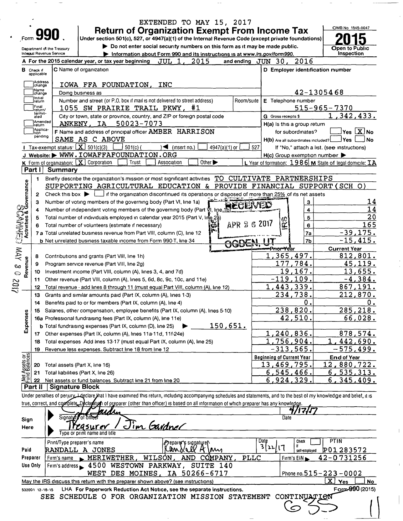 Image of first page of 2015 Form 990 for Iowa FFA Foundation