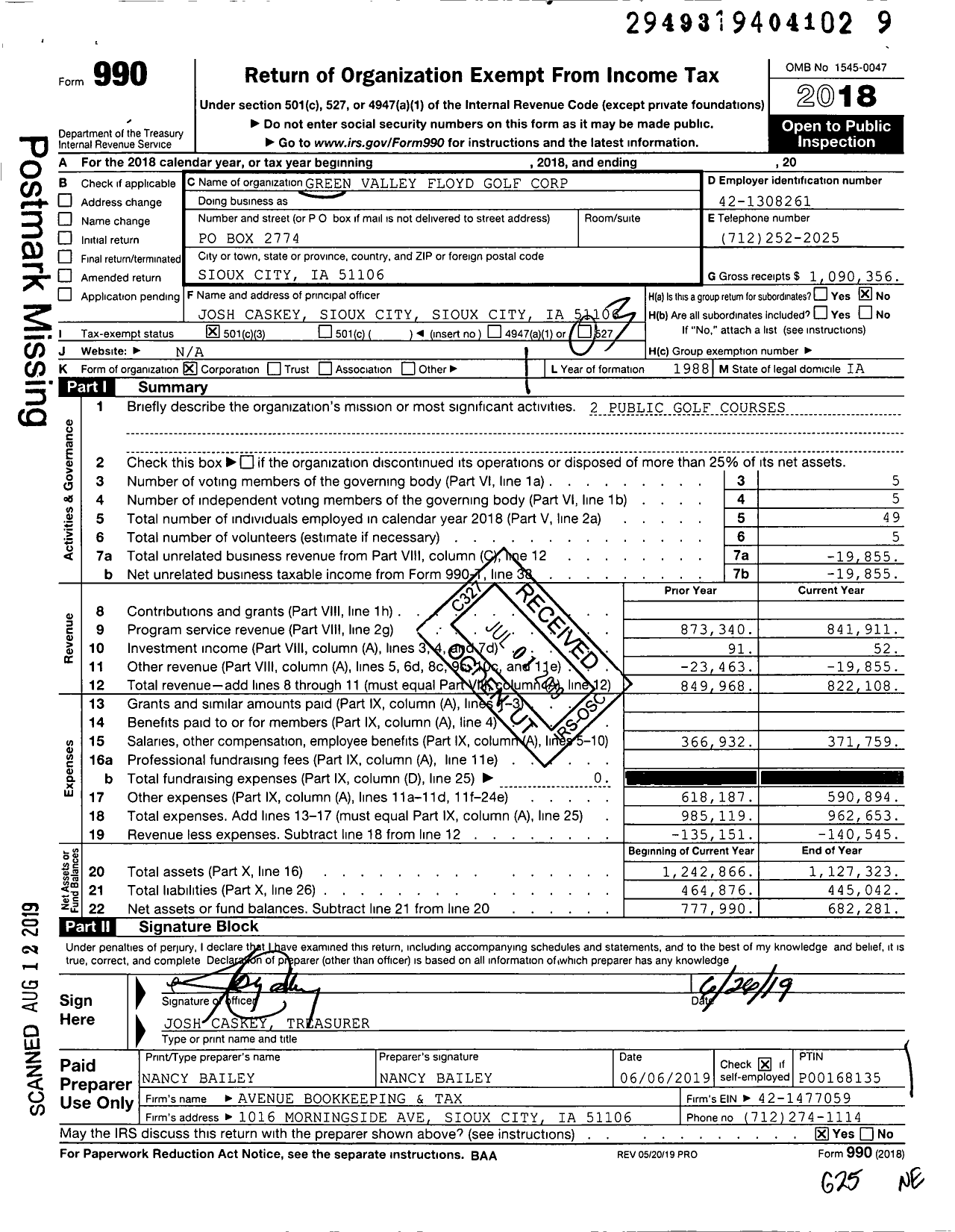 Image of first page of 2018 Form 990 for Green Valley Floyd Golf Corporation