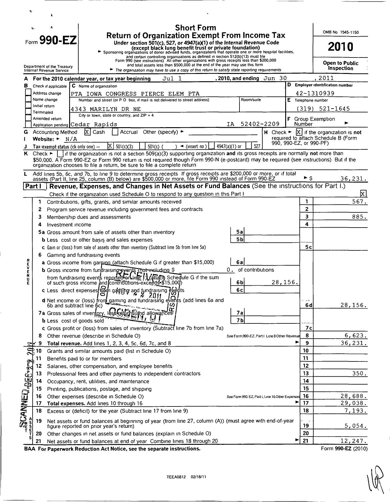 Image of first page of 2010 Form 990EZ for PTA Iowa Congress / Pierce Elementary PTA