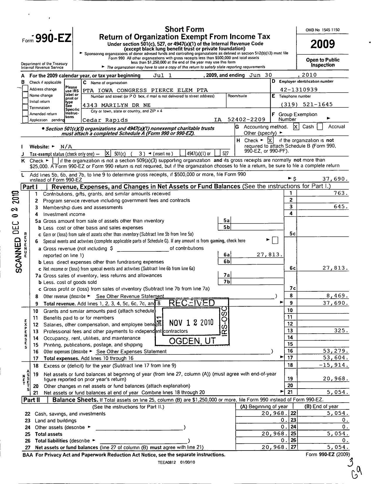 Image of first page of 2009 Form 990EZ for PTA Iowa Congress / Pierce Elementary PTA