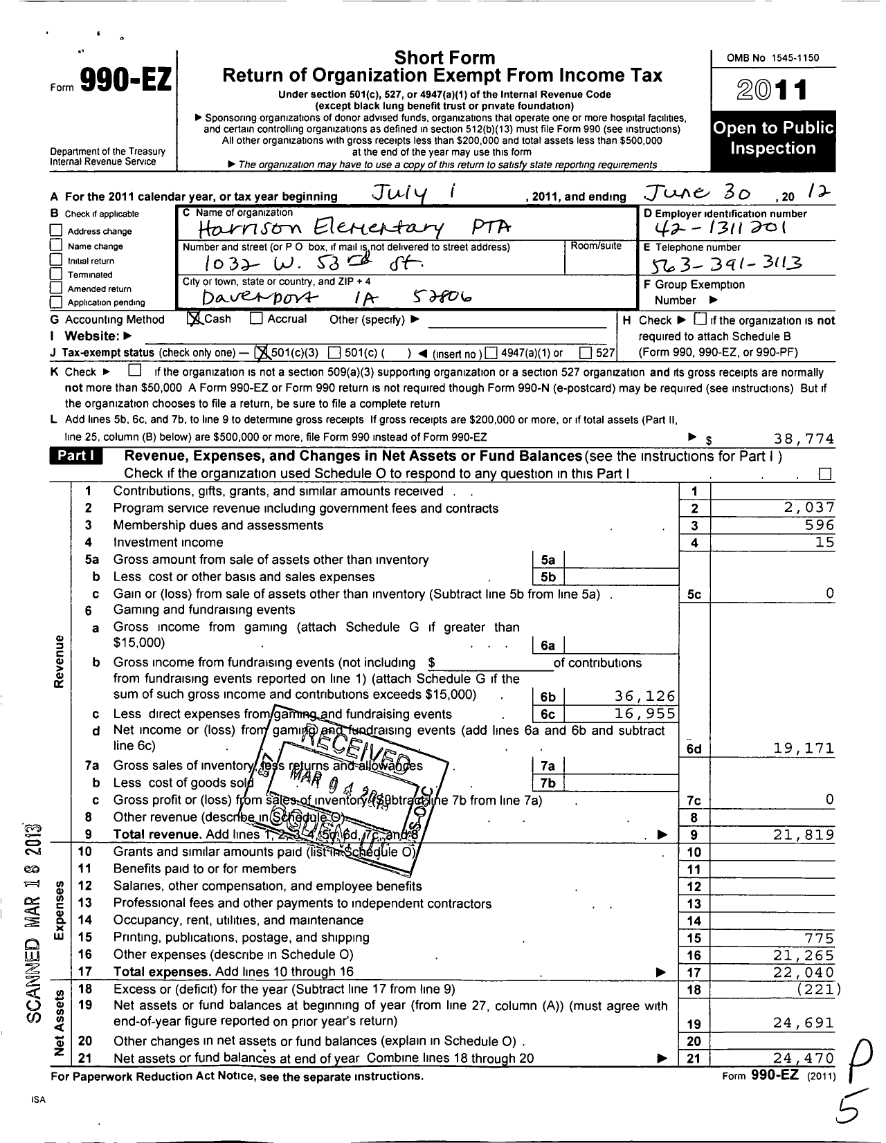 Image of first page of 2011 Form 990EZ for PTA Iowa Congress / Harrison Elementary PTA