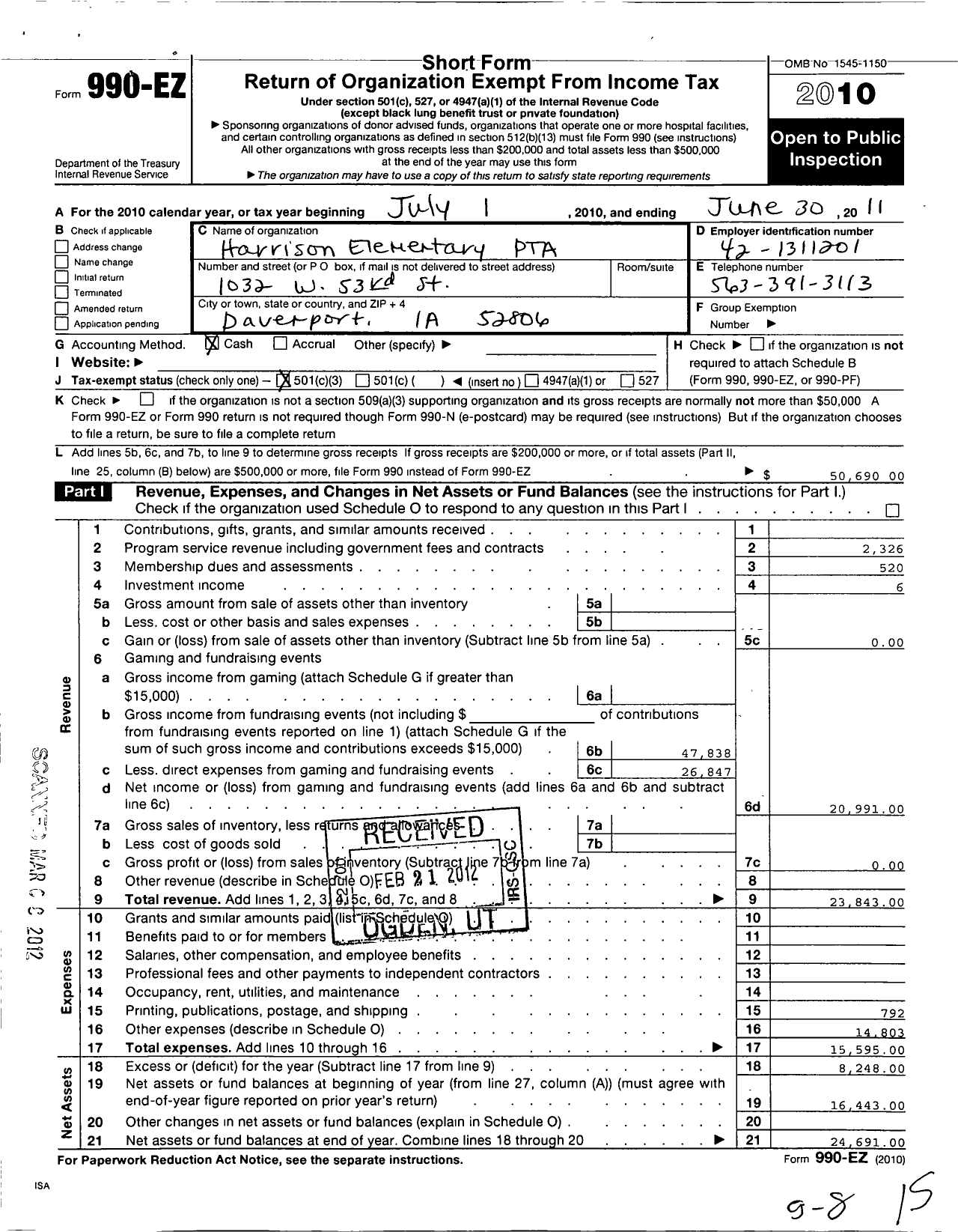 Image of first page of 2010 Form 990EZ for PTA Iowa Congress / Harrison Elementary PTA