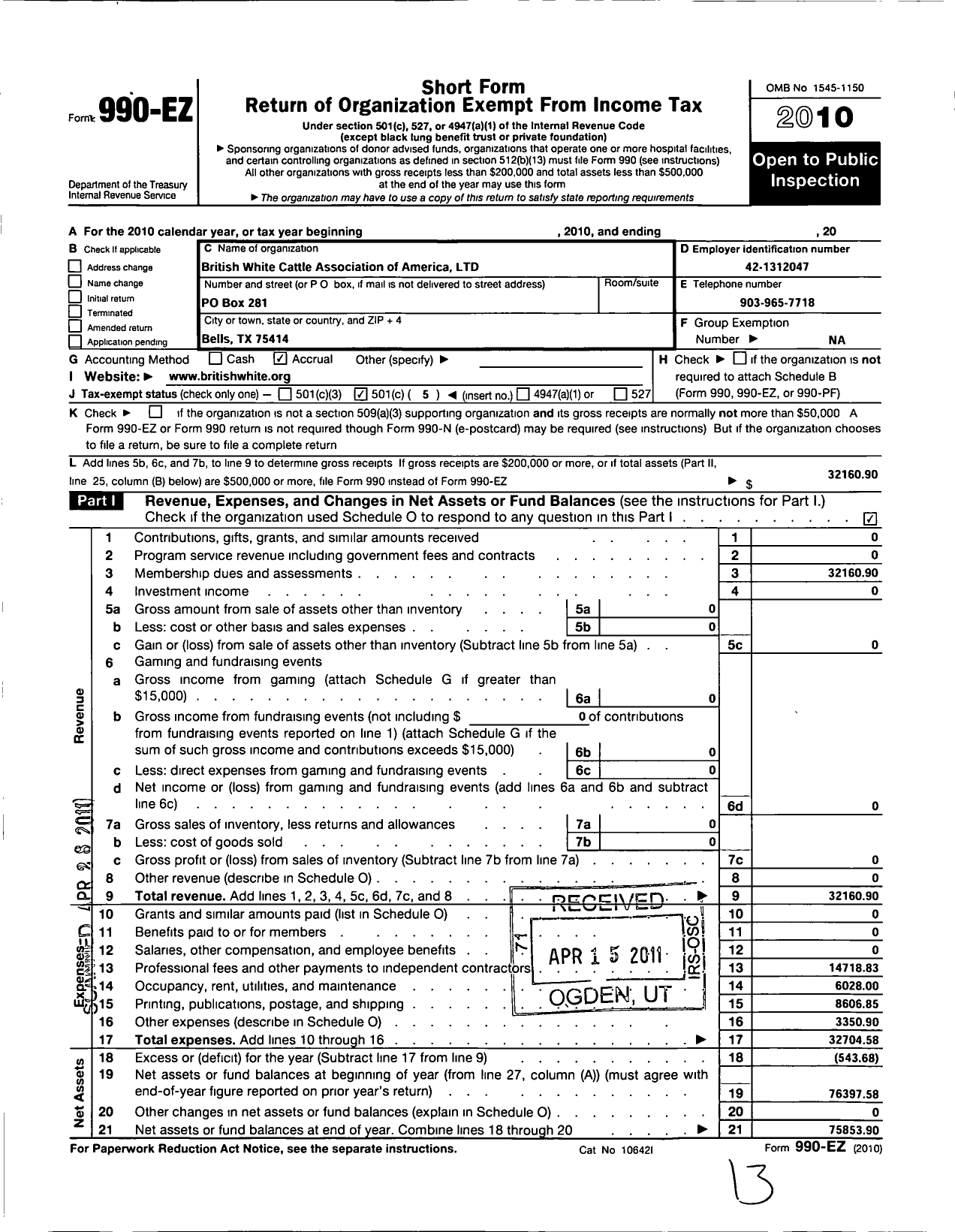 Image of first page of 2010 Form 990EO for British White Cattle Association of America