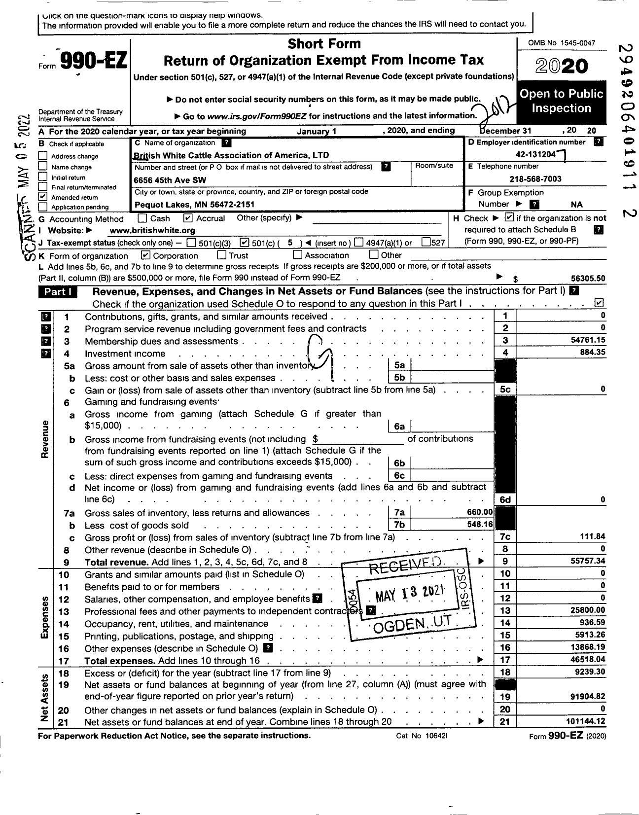 Image of first page of 2020 Form 990EO for British White Cattle Association of America