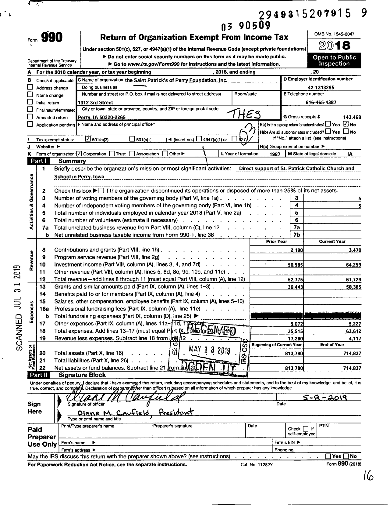 Image of first page of 2018 Form 990 for The St Patrick's of Perry Foundation