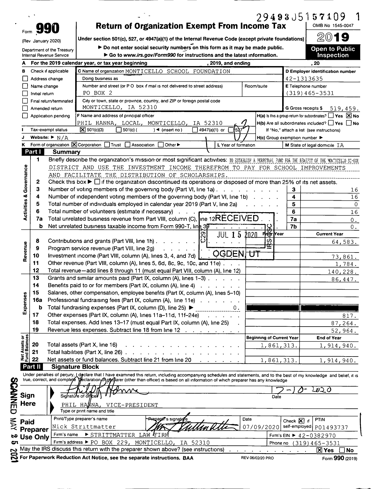 Image of first page of 2019 Form 990 for Monticello School Foundation