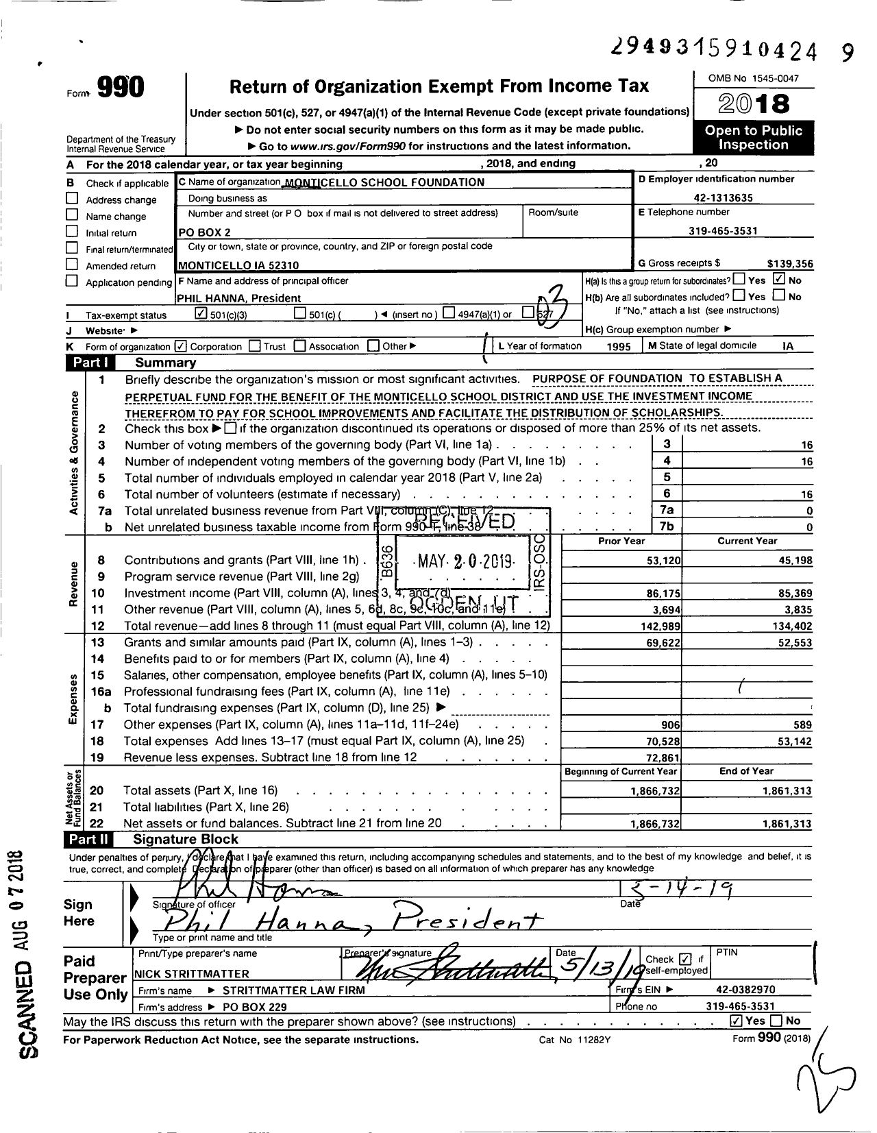 Image of first page of 2018 Form 990 for Monticello School Foundation