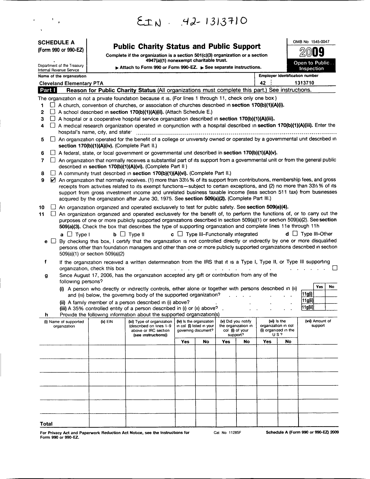 Image of first page of 2009 Form 990ER for PTA Iowa Congress / Cleveland Elementary PTA