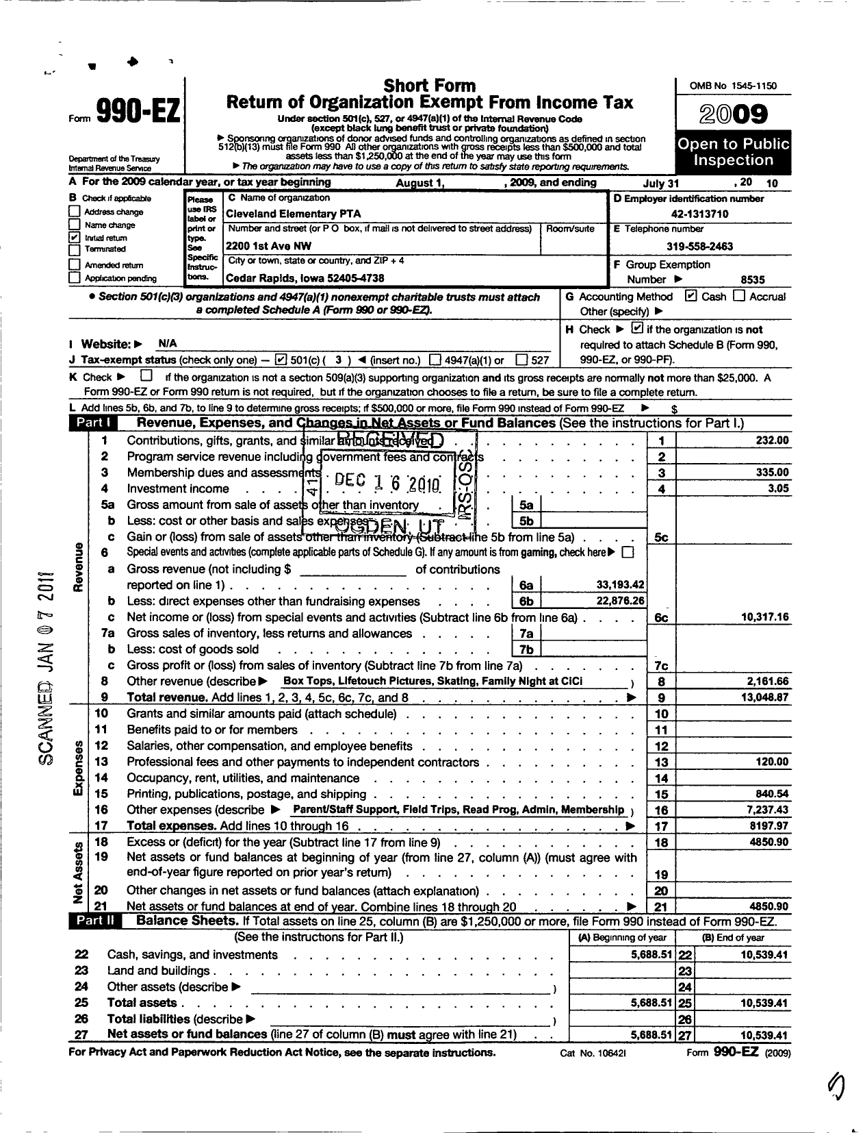 Image of first page of 2009 Form 990EZ for PTA Iowa Congress / Cleveland Elementary PTA