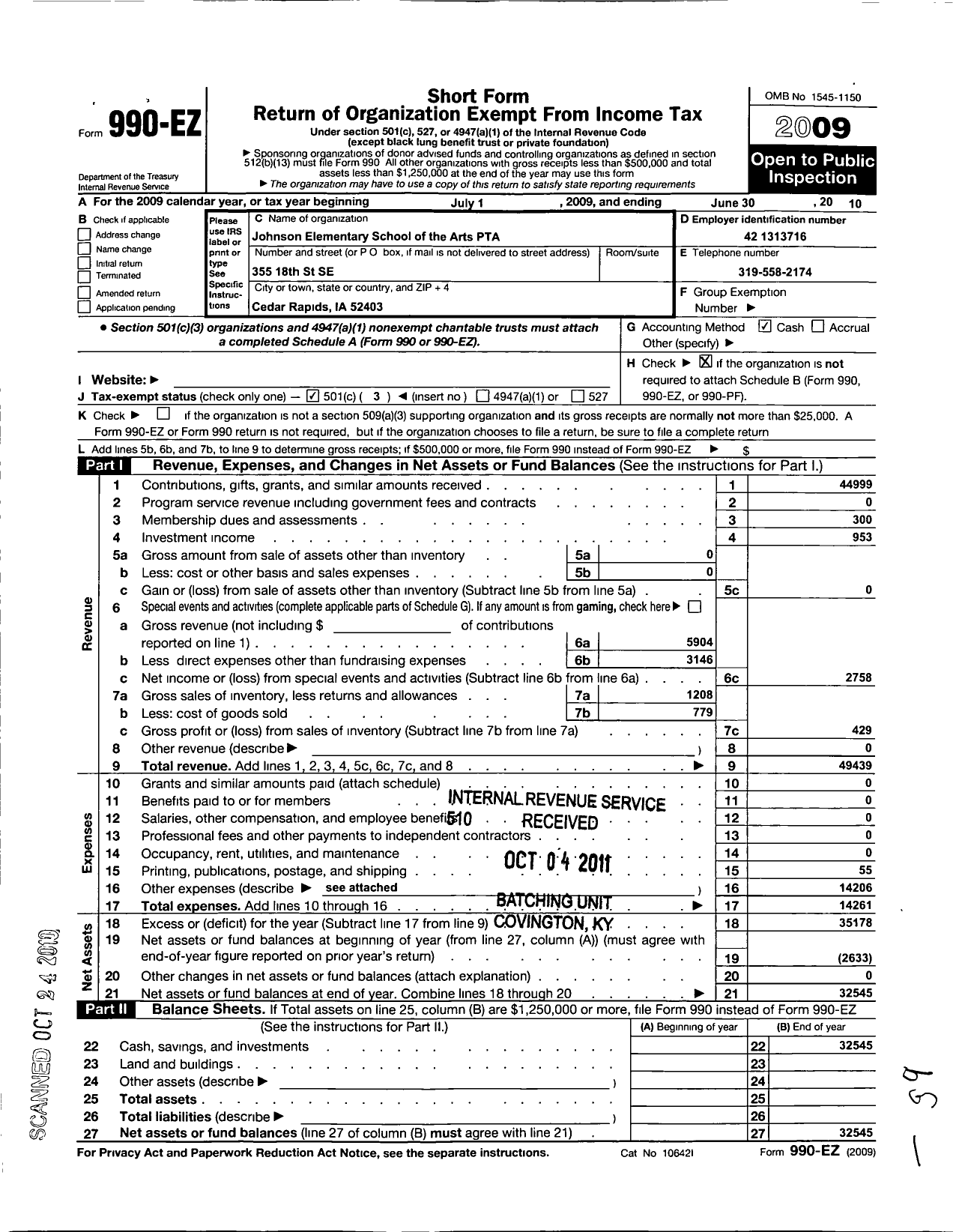 Image of first page of 2009 Form 990EZ for PTA Iowa Congress / Johnson Steam Academy PTA