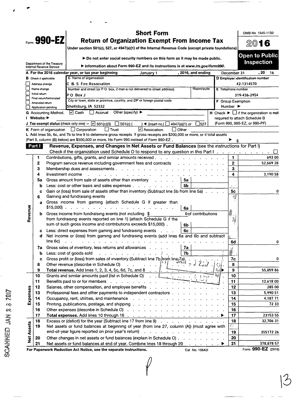 Image of first page of 2016 Form 990EZ for C B S Fire Association