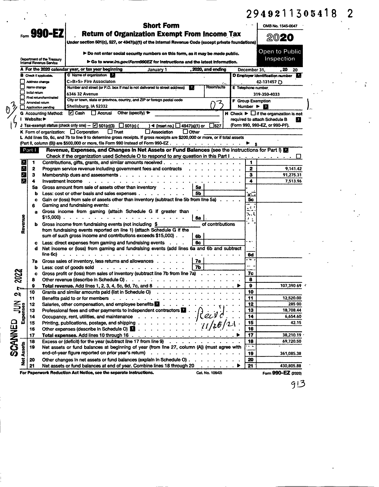 Image of first page of 2020 Form 990EZ for C B S Fire Association