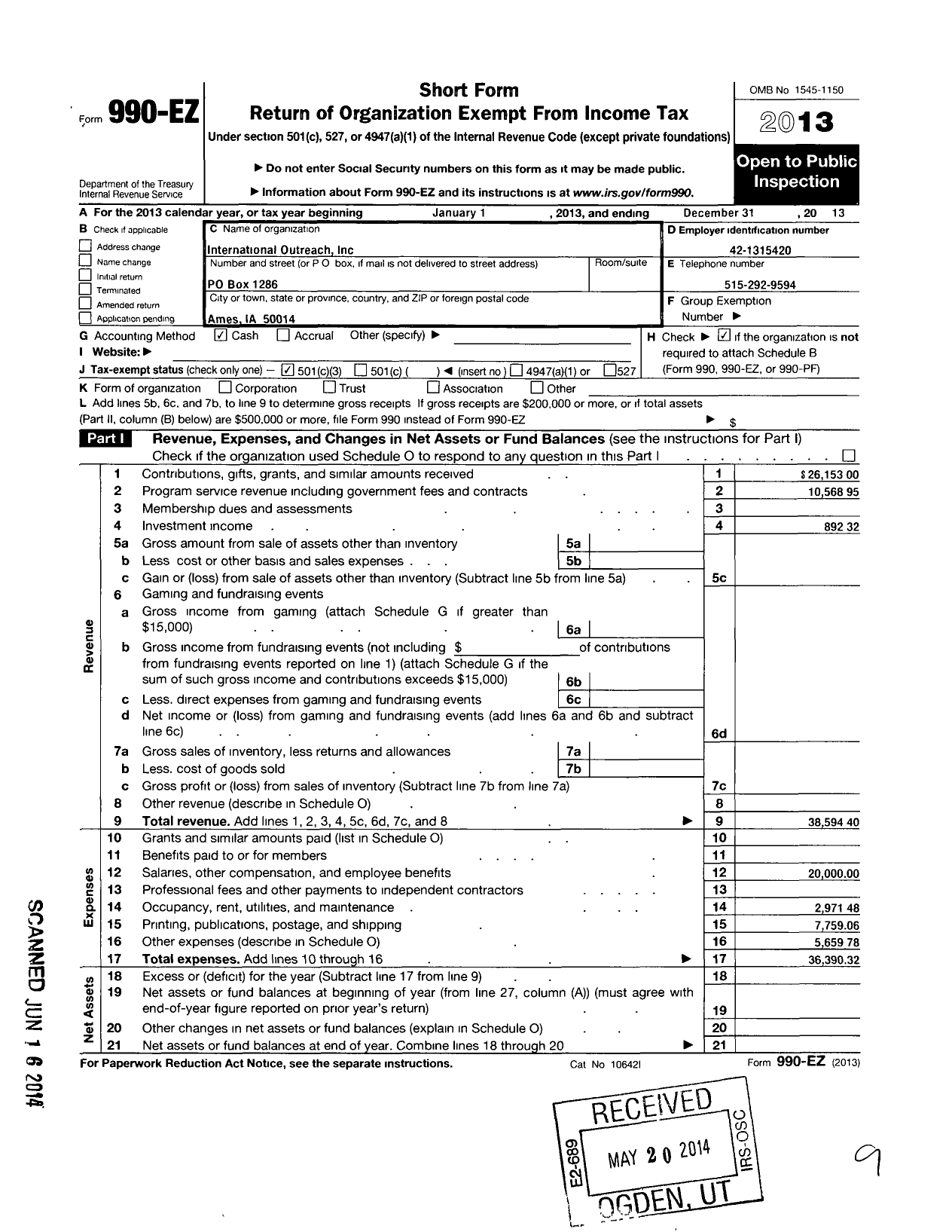 Image of first page of 2013 Form 990EZ for International Outreach