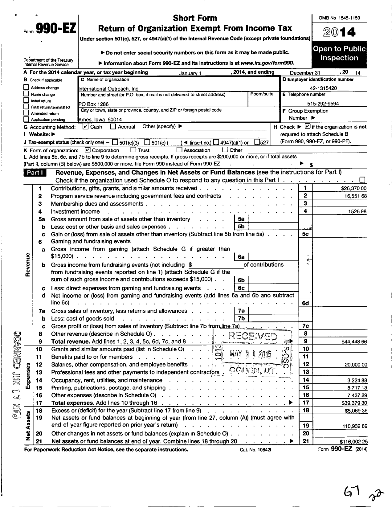 Image of first page of 2014 Form 990EO for International Outreach