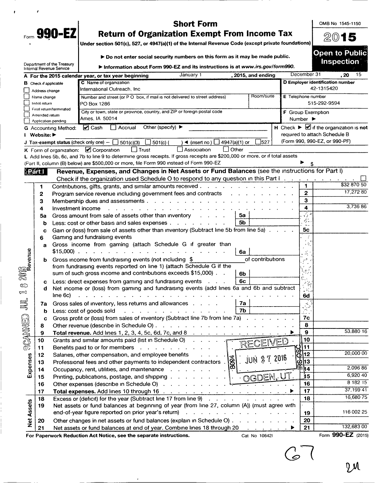 Image of first page of 2015 Form 990EO for International Outreach