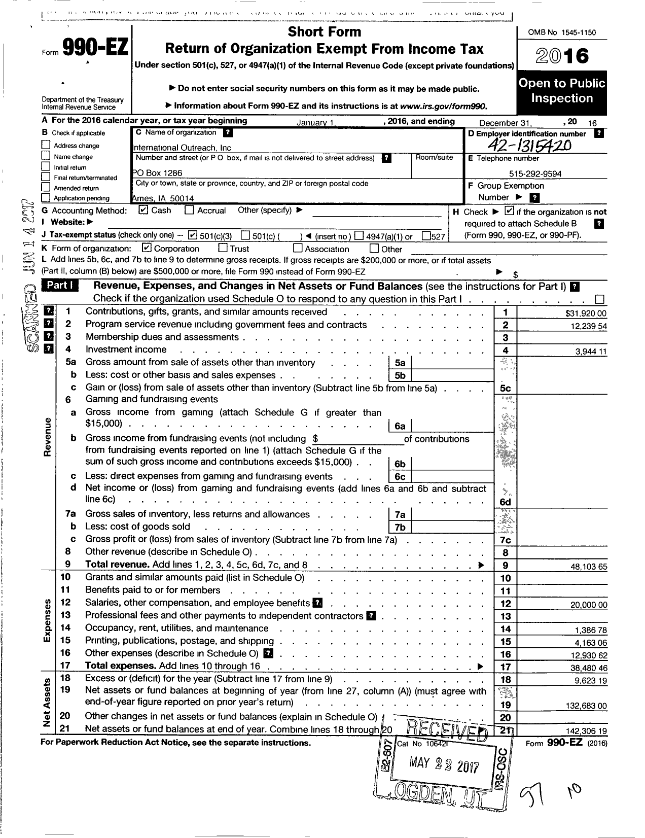 Image of first page of 2016 Form 990EZ for International Outreach