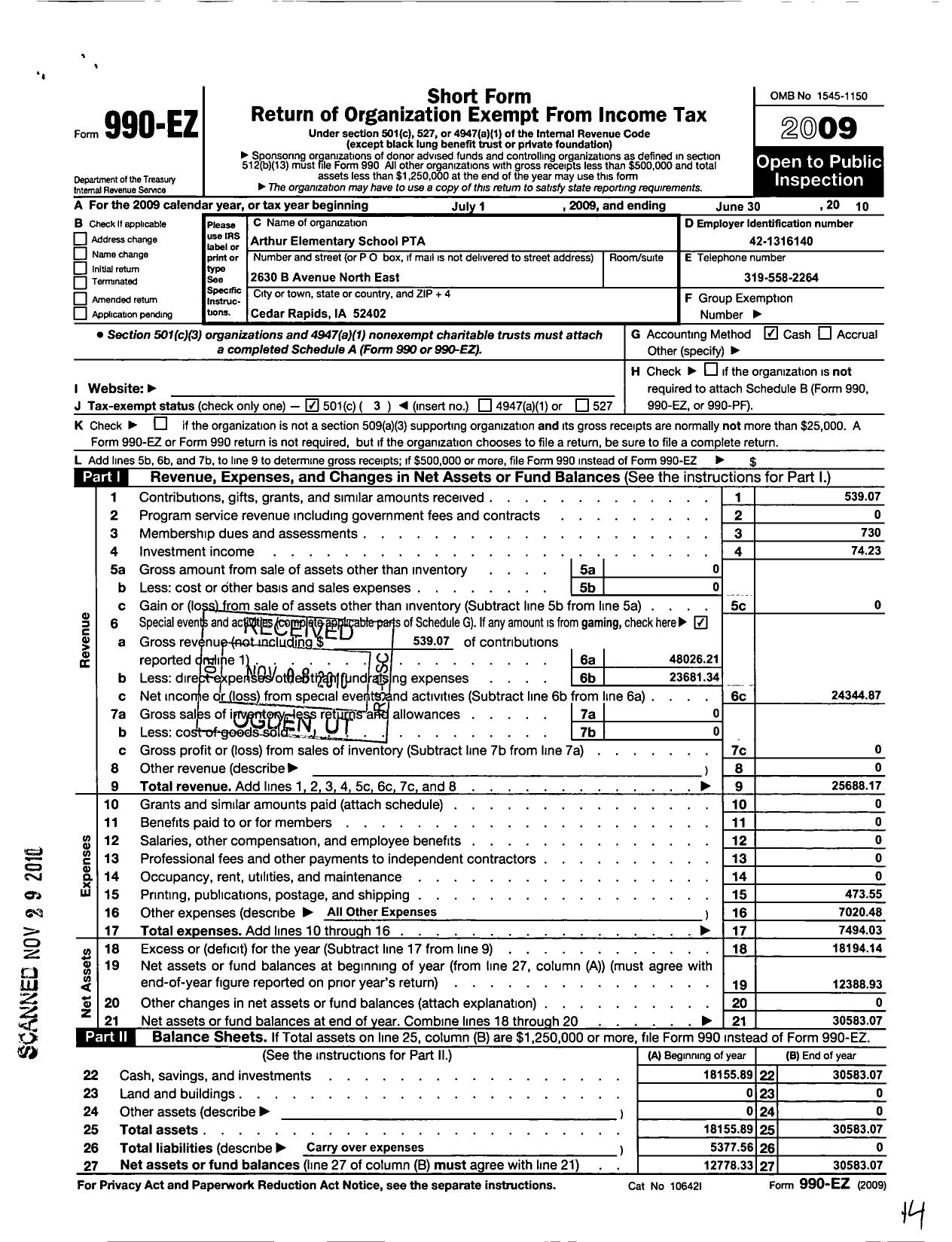 Image of first page of 2009 Form 990EZ for PTA Iowa Congress / Arthur Elementary PTA