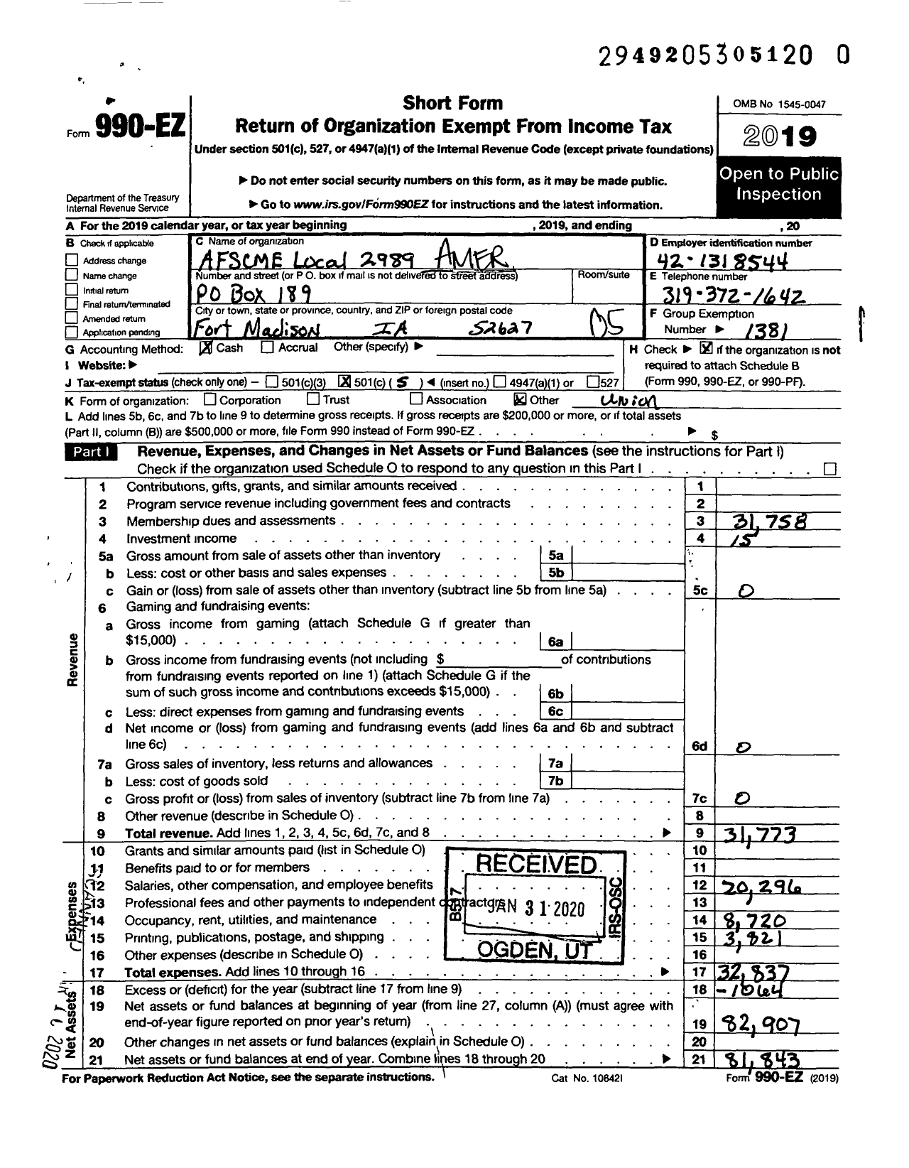 Image of first page of 2019 Form 990EO for American Federation of State County & Municipal Employees - L2989 Ia Iowa St Penitentiary Empls