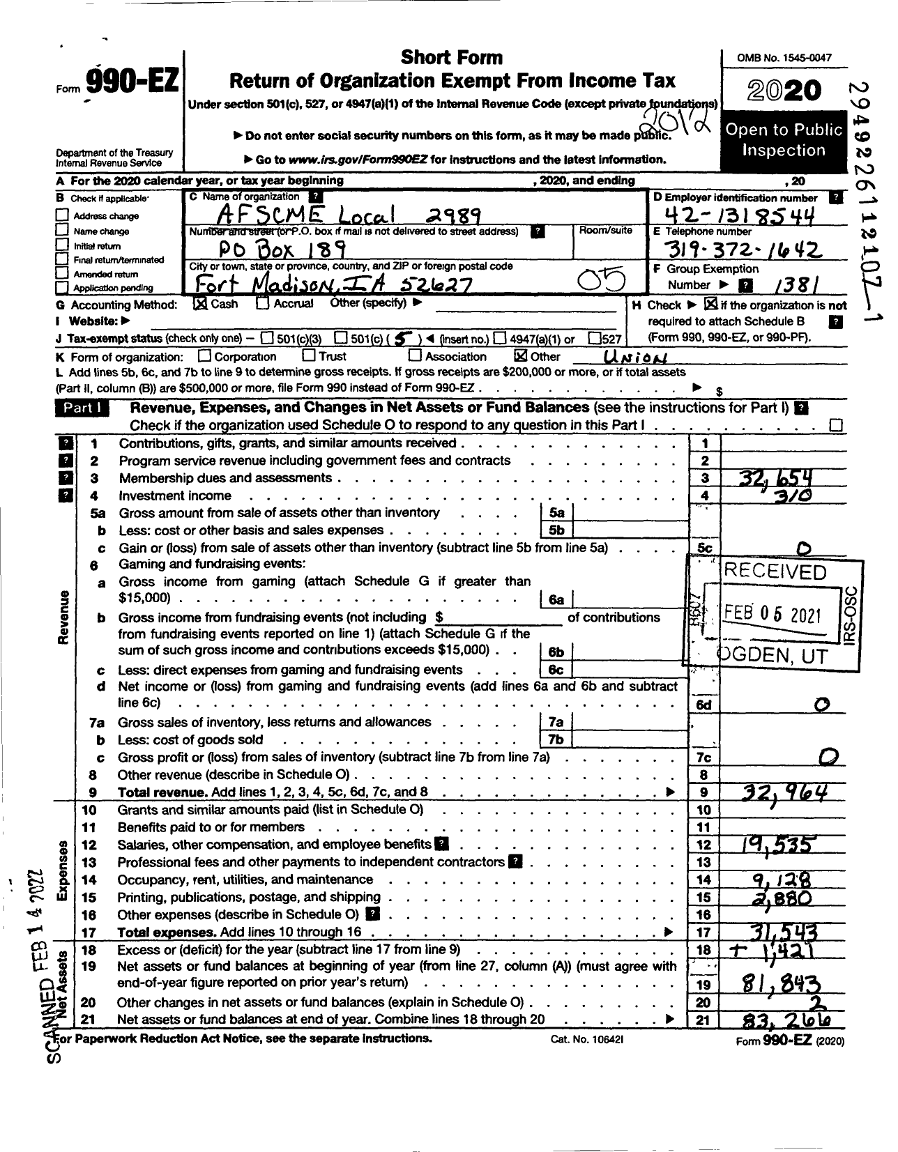 Image of first page of 2020 Form 990EO for American Federation of State County & Municipal Employees - L2989 Ia Iowa St Penitentiary Empls