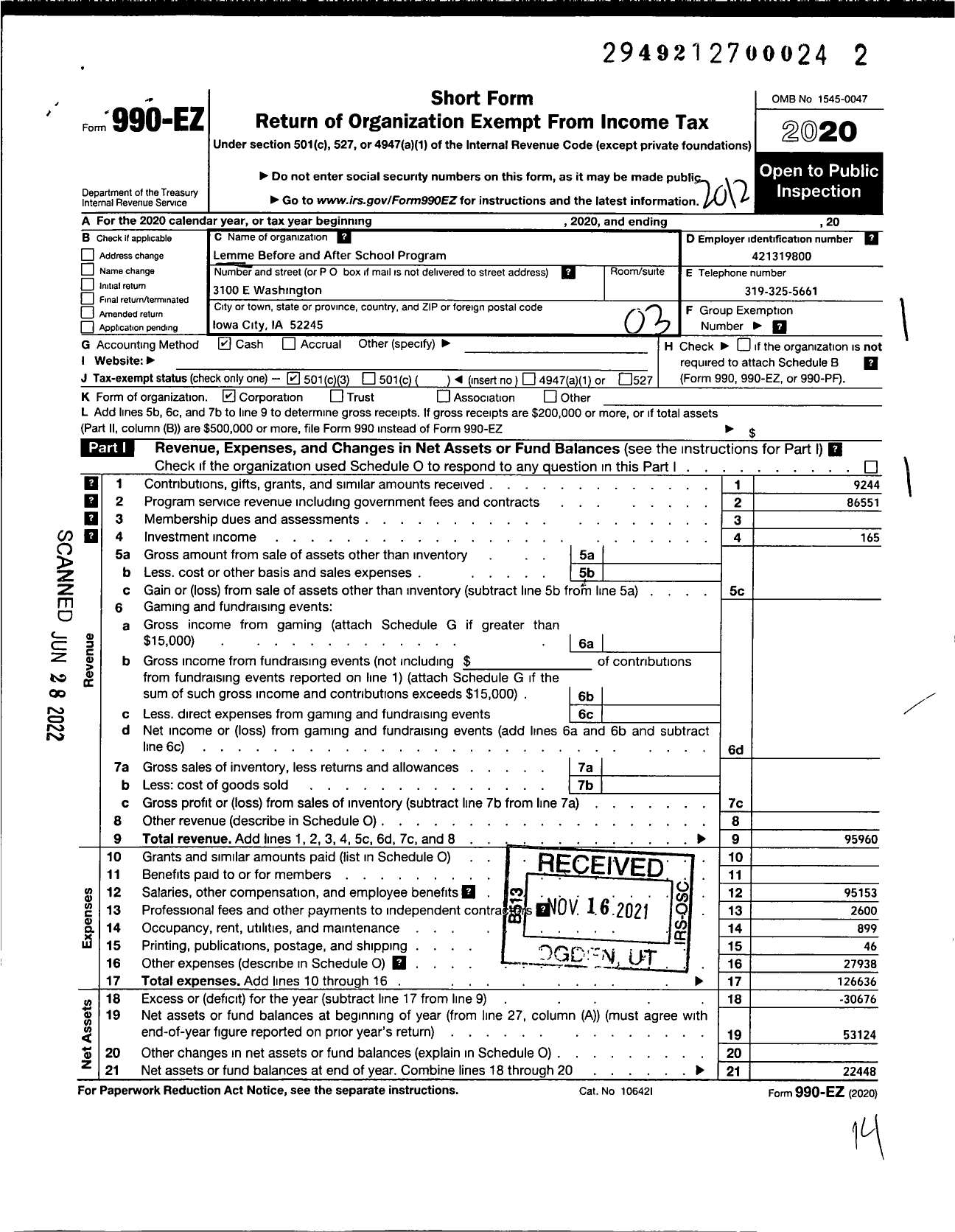 Image of first page of 2020 Form 990EZ for Lemme Before and After School Program