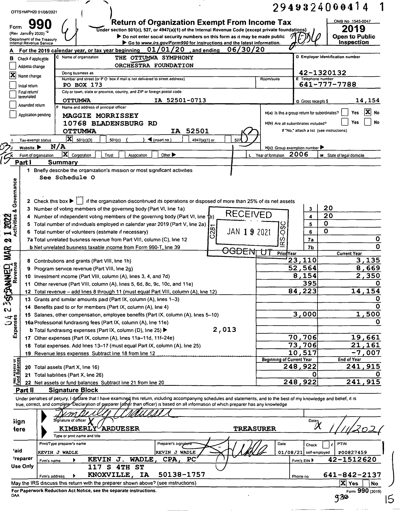 Image of first page of 2019 Form 990 for The Ottumwa Symphony Orchestra Foundation