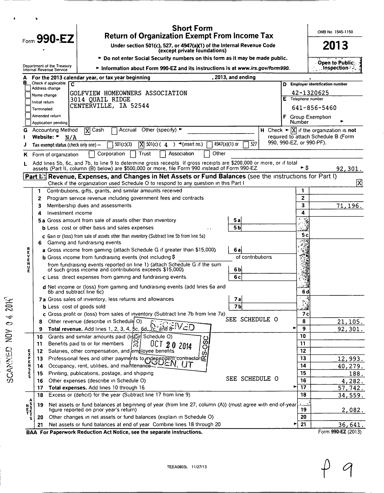 Image of first page of 2013 Form 990EO for Golfview Addition Owners Associati N