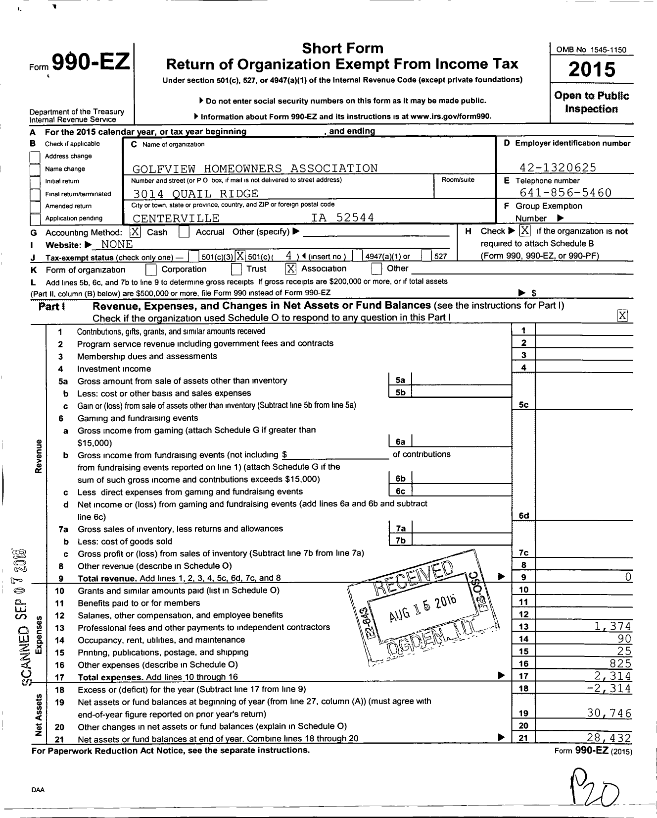 Image of first page of 2015 Form 990EO for Golfview Addition Owners Associati N