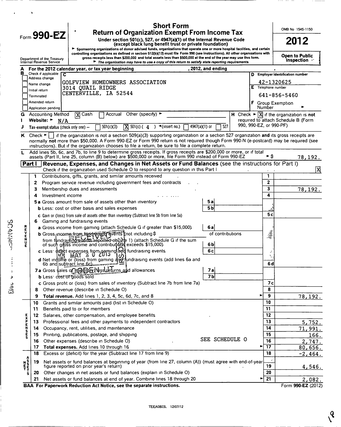 Image of first page of 2012 Form 990EO for Golfview Addition Owners Associati N