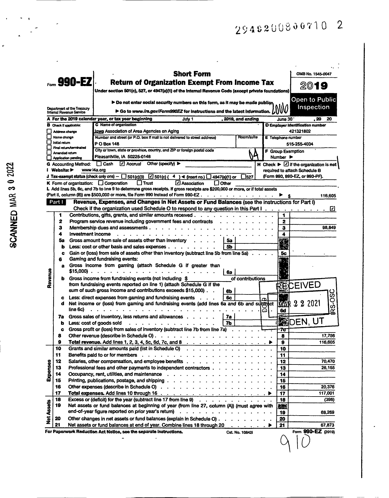Image of first page of 2019 Form 990EO for Iowa Association of Area Agencies on Aging