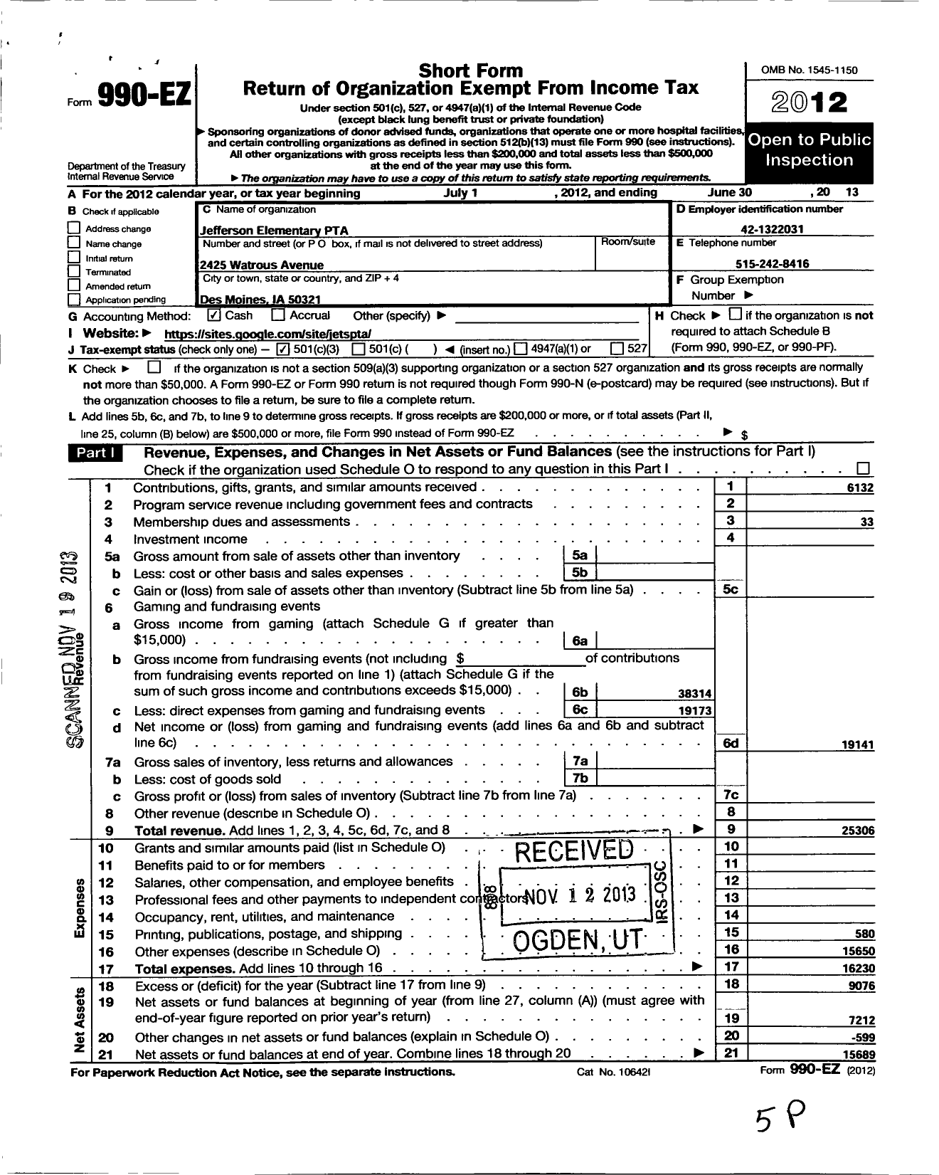 Image of first page of 2012 Form 990EZ for PTA Iowa Congress / Jefferson PTA