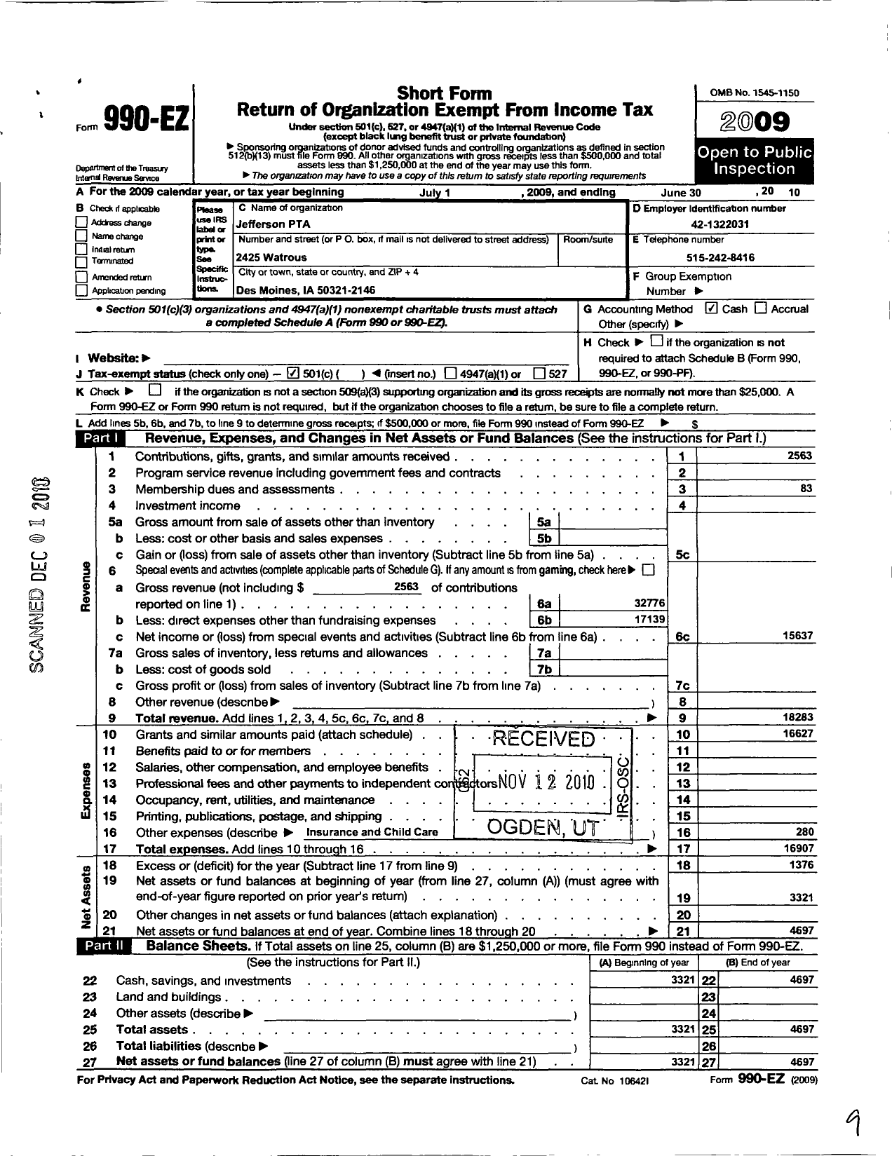 Image of first page of 2009 Form 990EO for PTA Iowa Congress / Jefferson PTA