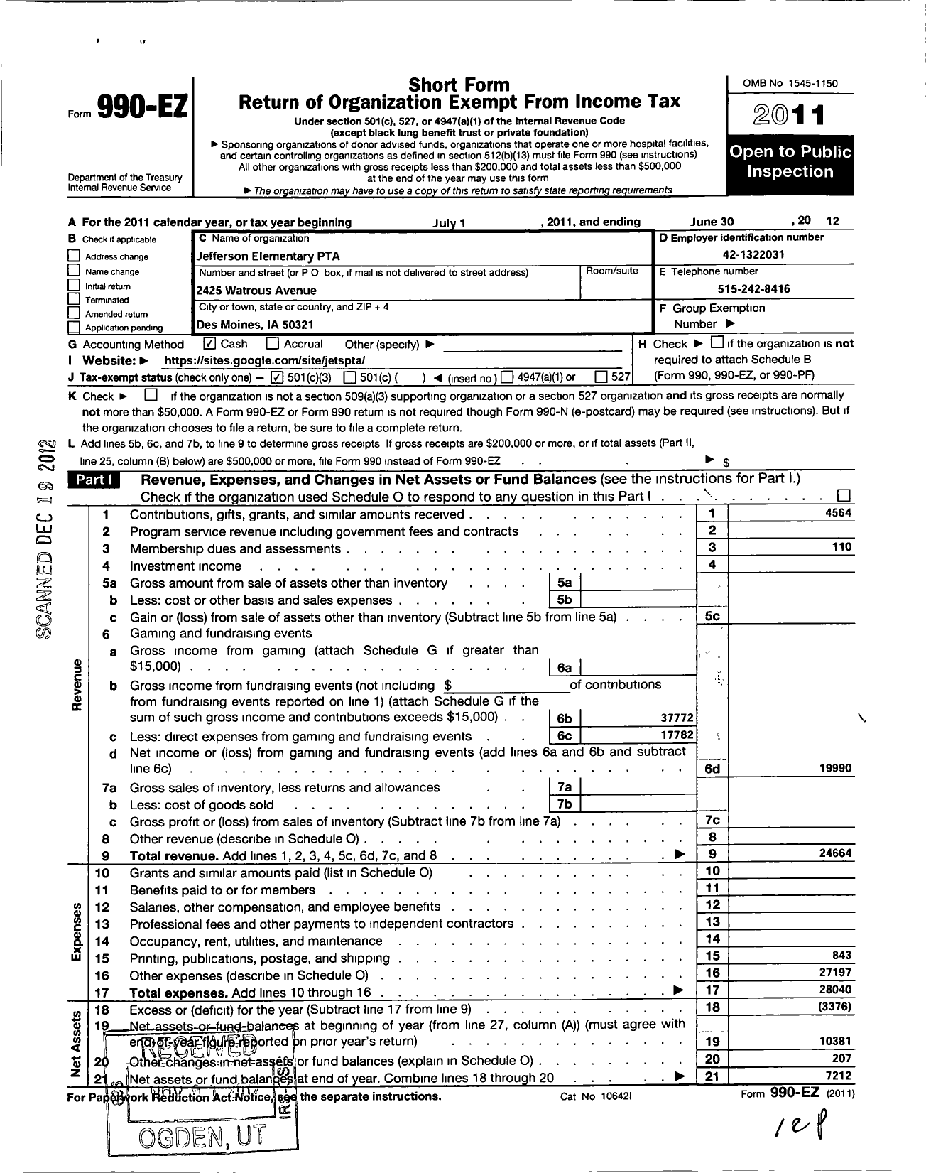 Image of first page of 2011 Form 990EZ for PTA Iowa Congress / Jefferson PTA