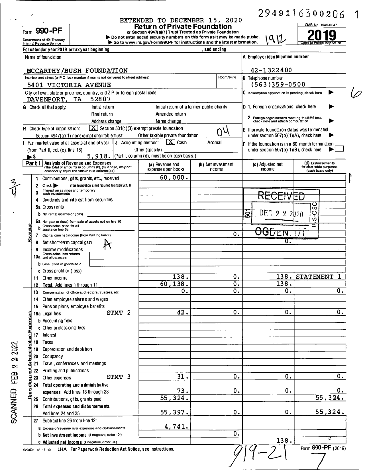 Image of first page of 2019 Form 990PF for Mccarthybush Foundation