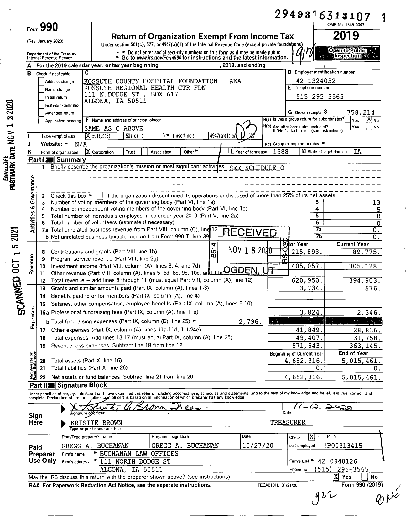 Image of first page of 2019 Form 990 for Kossuth Regional Health Ctr Fdn