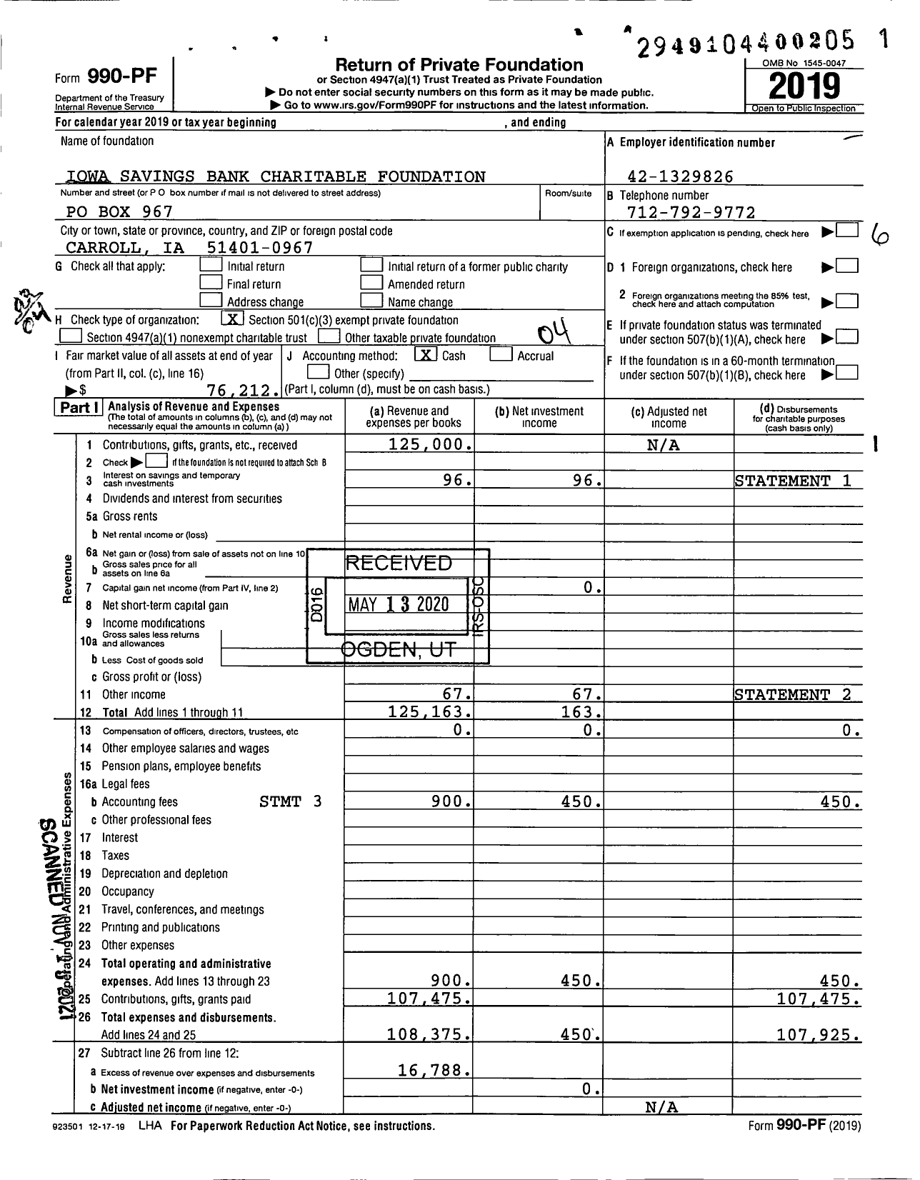 Image of first page of 2019 Form 990PF for Iowa Savings Bank Charitable Foundation