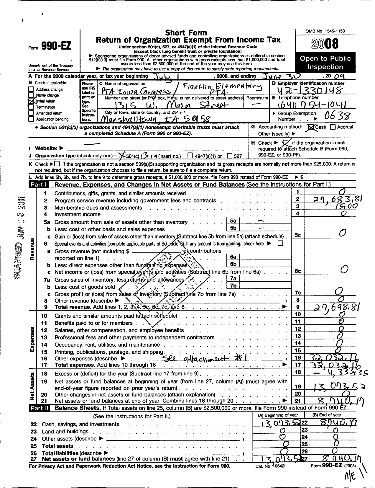 Image of first page of 2008 Form 990EZ for PTA Iowa Congress / Franklin Elementary PTA