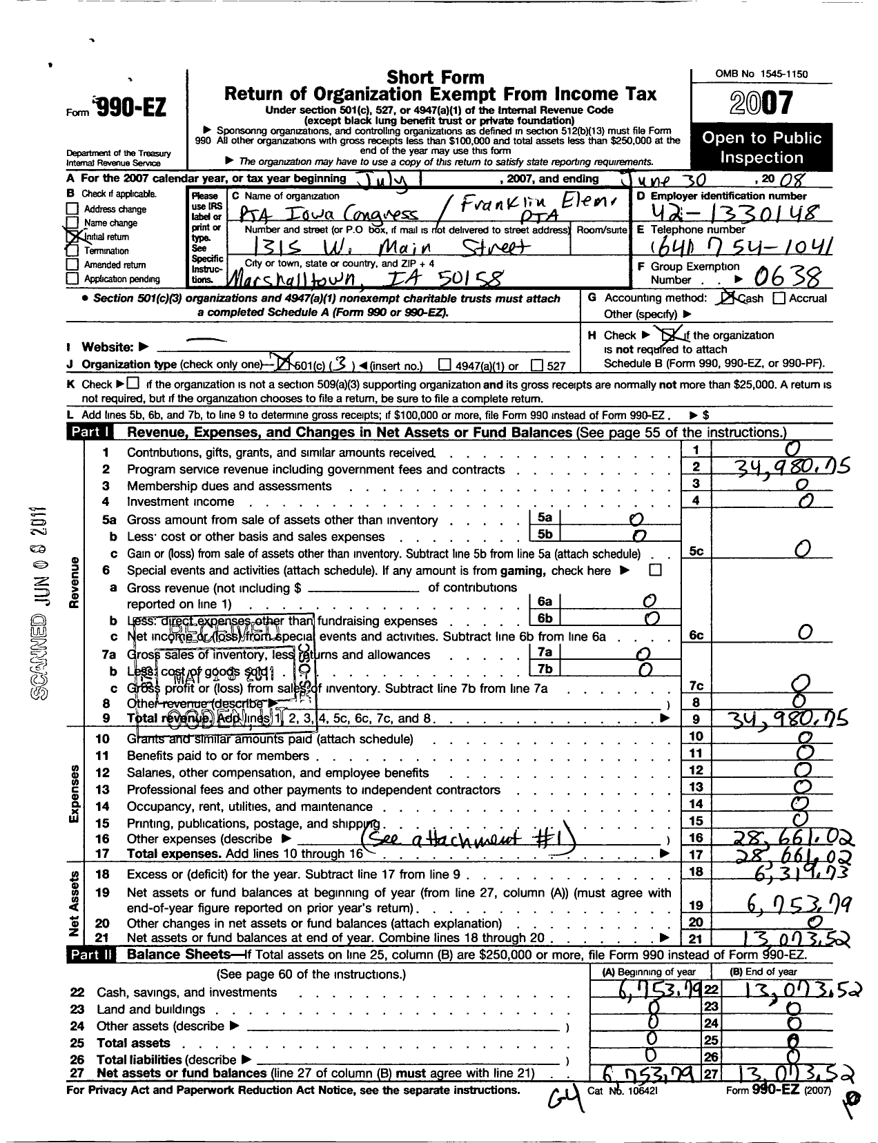 Image of first page of 2007 Form 990EZ for PTA Iowa Congress / Franklin Elementary PTA