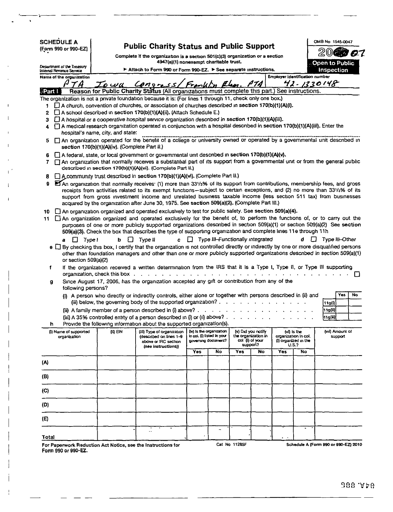 Image of first page of 2007 Form 990ER for PTA Iowa Congress / Franklin Elementary PTA