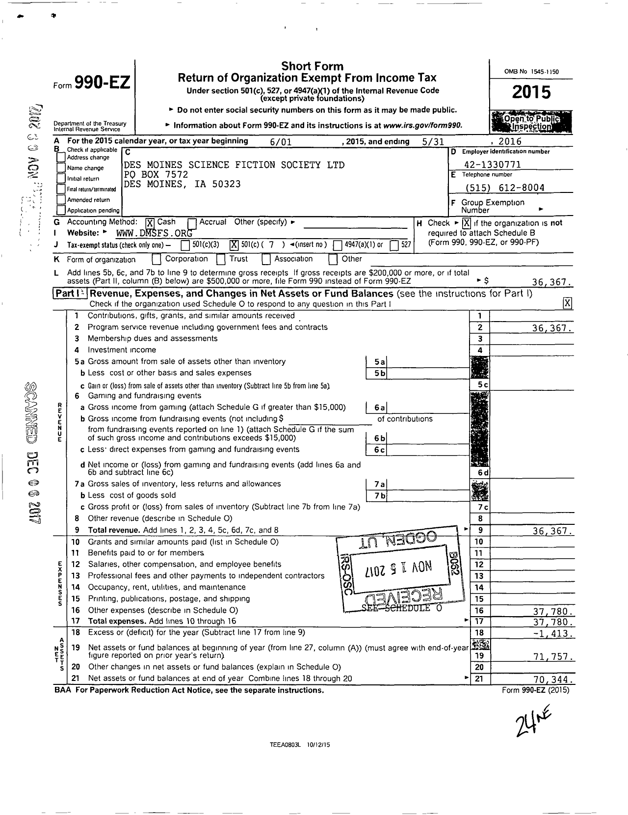 Image of first page of 2015 Form 990EO for Des Moines Science Fiction Society