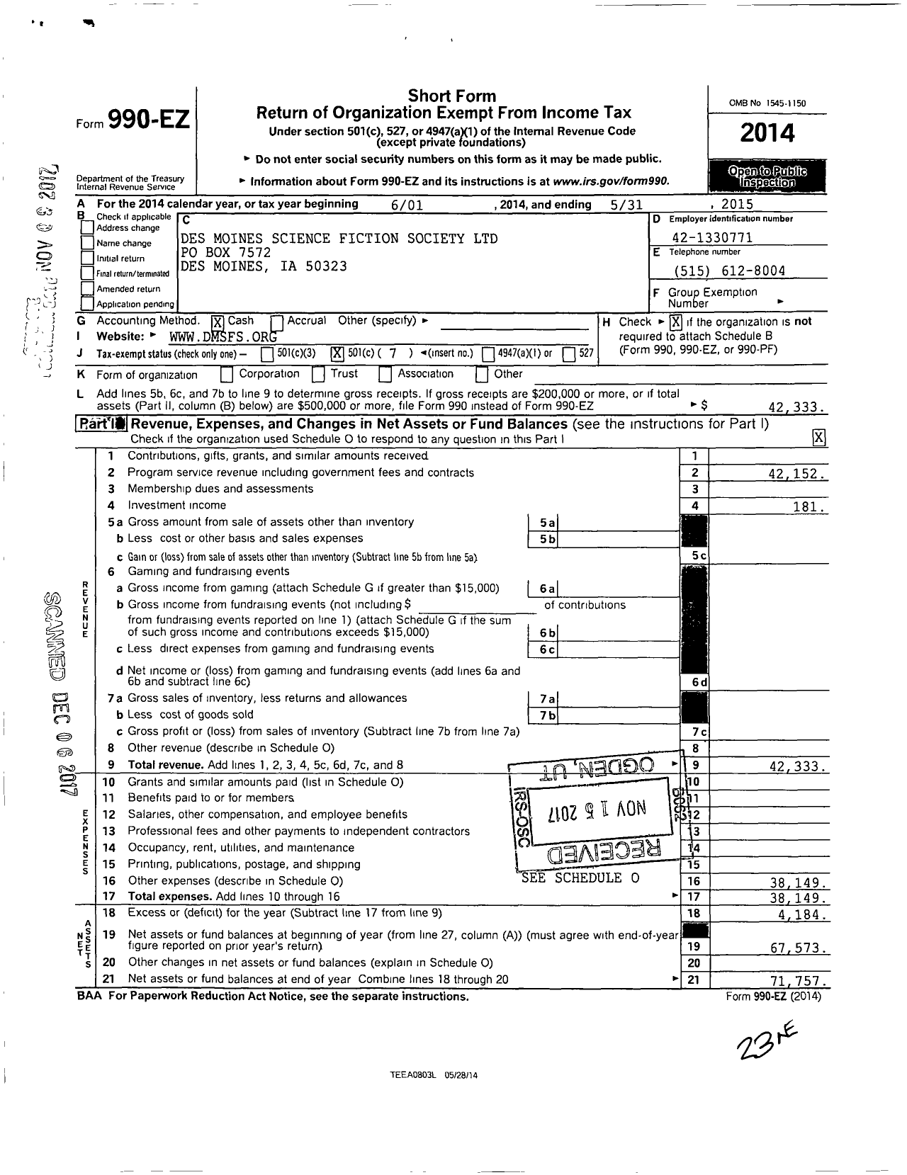 Image of first page of 2014 Form 990EO for Des Moines Science Fiction Society