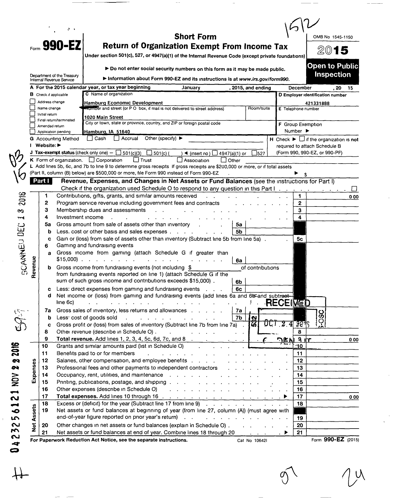 Image of first page of 2015 Form 990EO for Hamburg Economic Development