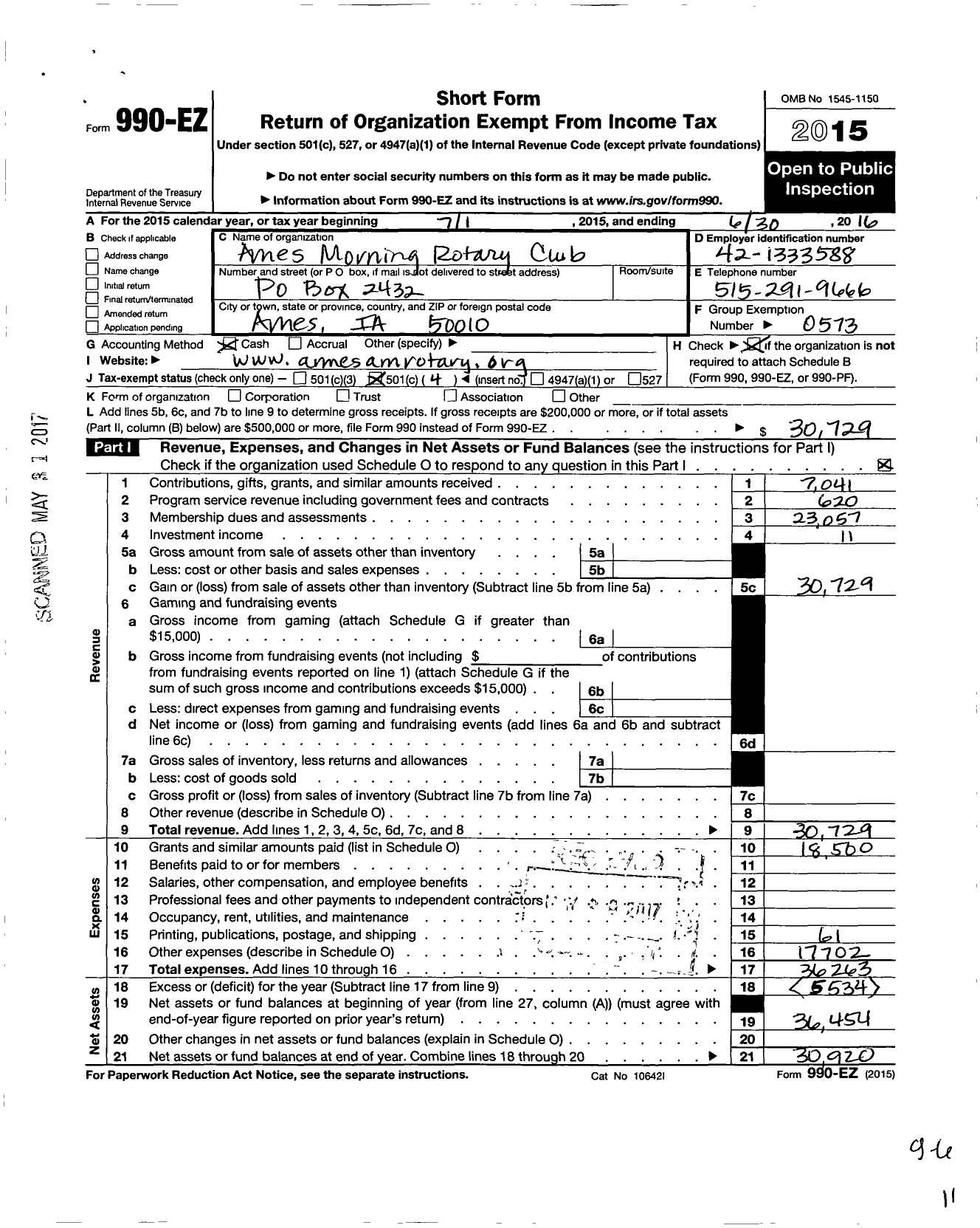 Image of first page of 2015 Form 990EO for Rotary International - Rotary Club of Ames Morning Ia