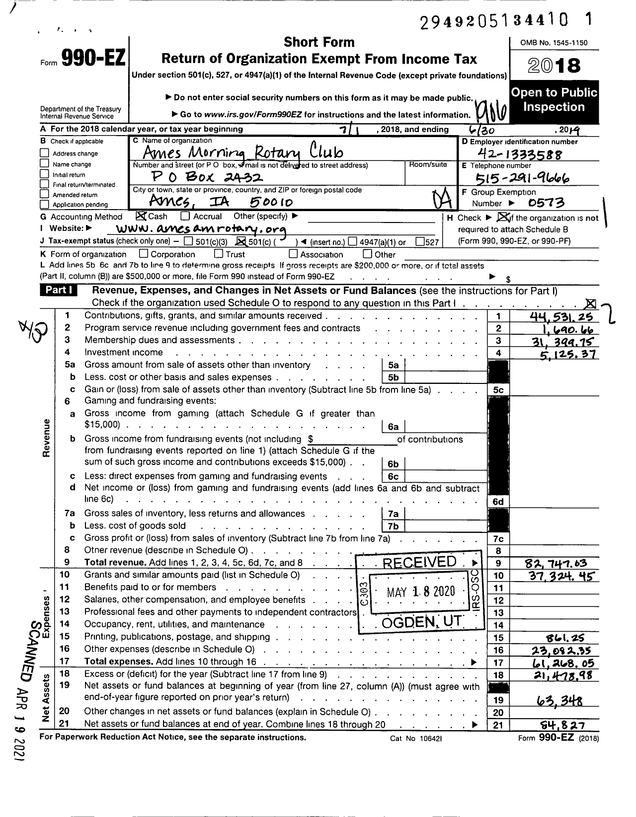 Image of first page of 2018 Form 990EO for Rotary International - Rotary Club of Ames Morning Ia