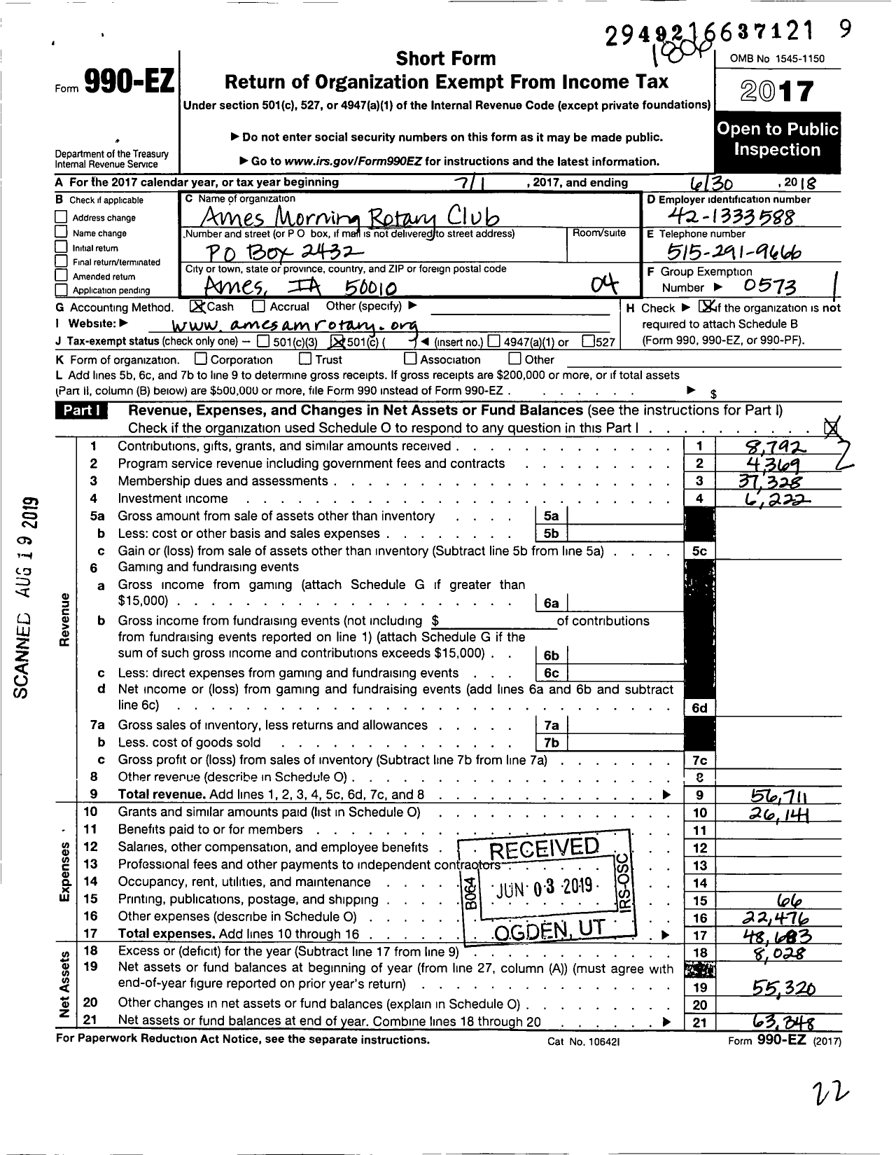 Image of first page of 2017 Form 990EO for Rotary International - Rotary Club of Ames Morning Ia